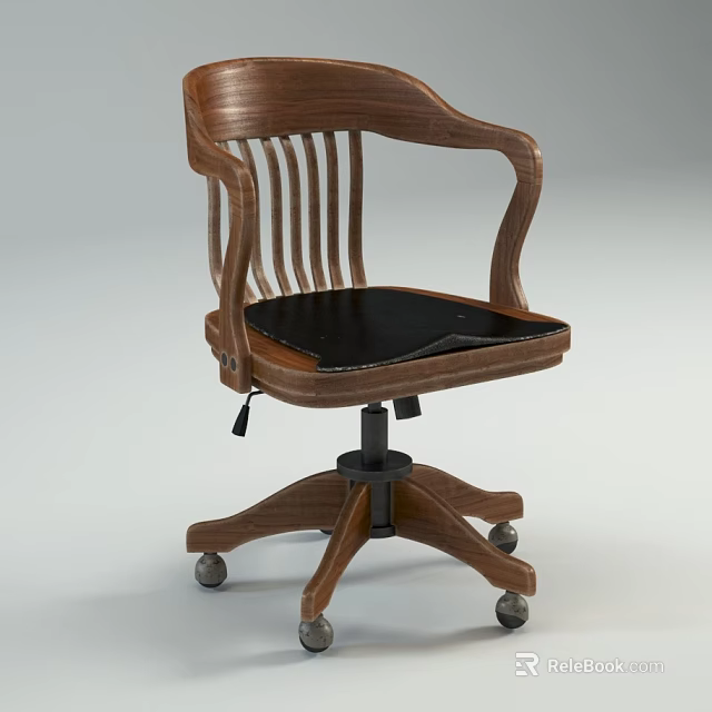 Wooden Frame Office Chair with Armrests Slatted Backrest Black Seat and Five Wheel Base 3d model 