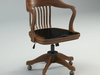 Wooden Frame Office Chair with Armrests Slatted Backrest Black Seat and Five Wheel Base 3d model