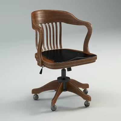 Wooden Frame Office Chair with Armrests Slatted Backrest Black Seat and Five Wheel Base 3d model