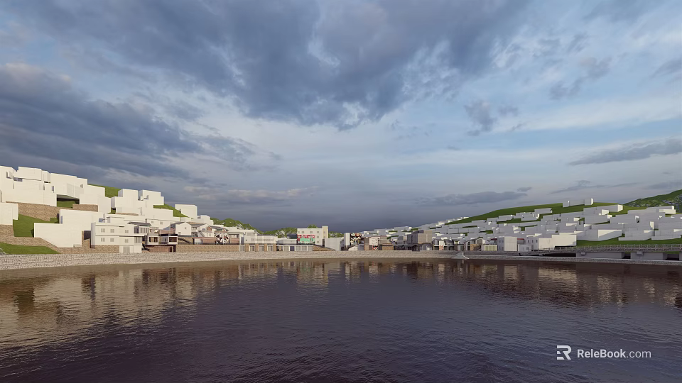 Scenic Waterfront Residential Area With White Buildings Reflections And Cloudy Sky 3d model 