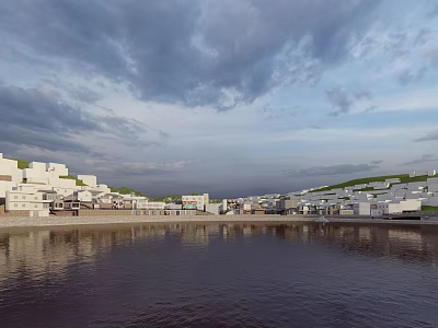 Scenic Waterfront Residential Area With White Buildings Reflections And Cloudy Sky 3d model