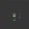 Green Brown Robot Character With Red Lights Antenna And Long Spears 3D Mech Design