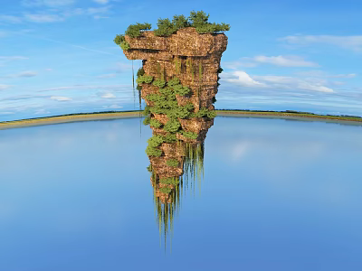 Floating Rock Formation With Green Vegetation And Water Reflection Under Blue Sky 3d model