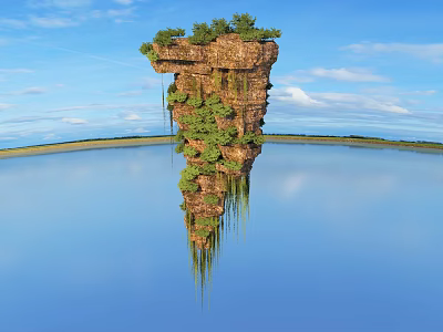 Floating Rock Formation With Green Vegetation And Water Reflection Under Blue Sky 3d model