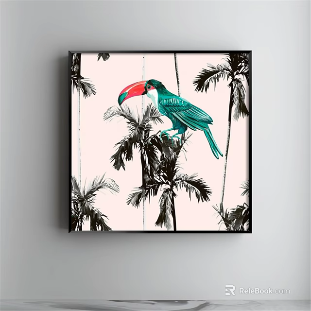 Vibrant Toucan Animal Painting with Green Feathers Red Beak and Palm Trees Wall Art 3d model 