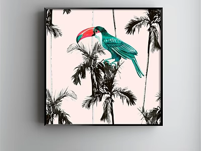 Vibrant Toucan Animal Painting with Green Feathers Red Beak and Palm Trees Wall Art 3d model