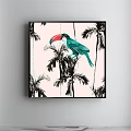 Vibrant Toucan Animal Painting with Green Feathers Red Beak and Palm Trees Wall Art