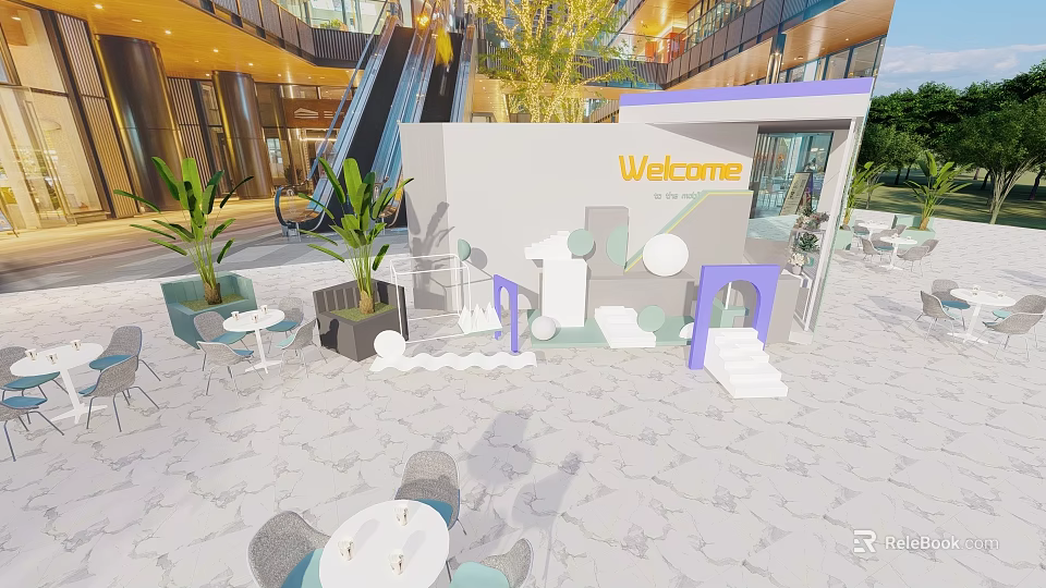Modern Commercial Street With Outdoor Welcome Booth Green Plants Tables Chairs And Marble Floor 3d model 
