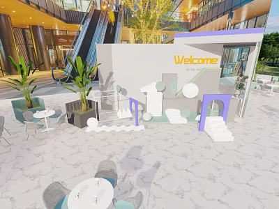 Modern Commercial Street With Outdoor Welcome Booth Green Plants Tables Chairs And Marble Floor 3d model