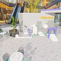 Modern Commercial Street With Outdoor Welcome Booth Green Plants Tables Chairs And Marble Floor