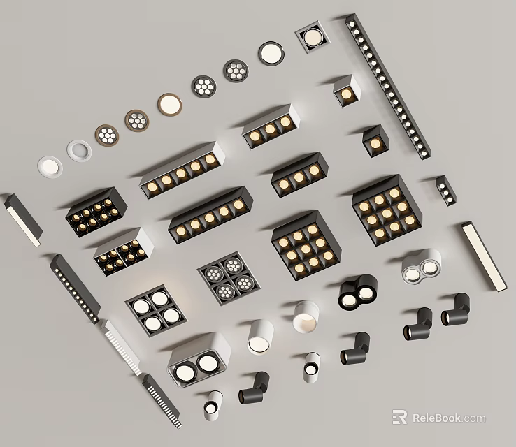 Assorted Modern Downlights and Spotlights Featuring Sleek Designs and Multiple Sizes 3d model