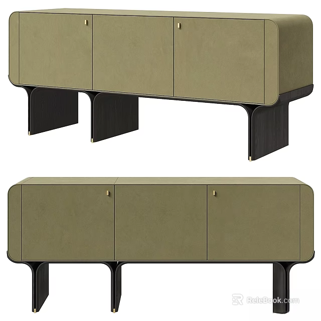 Modern Olive Green Leather Dresser With Three Doors And Black Wooden Legs 3d model 