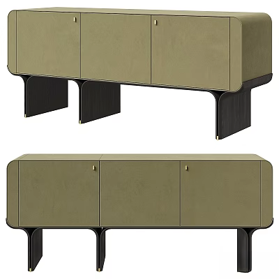Modern Olive Green Leather Dresser With Three Doors And Black Wooden Legs 3d model