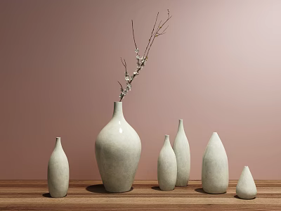 Ceramic Vases with Flower Branches on Wooden Table and Pastel Pink Background 3d model