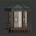 Traditional Chinese Style Pavilion With Green Tiled Roof And Wooden Railed Platform