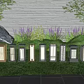 Modern Outdoor Lights Glowing In Green Grass With Trees Rocks Gray Wall And Stone Tiles