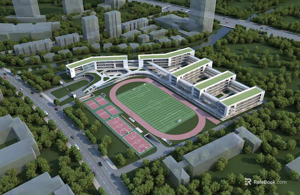 Modern School Building Complex With Green Roofs Sports Field Track And Lush Greenery 3d model 