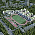 Modern School Building Complex With Green Roofs Sports Field Track And Lush Greenery
