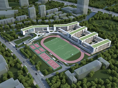 Modern School Building Complex With Green Roofs Sports Field Track And Lush Greenery 3d model