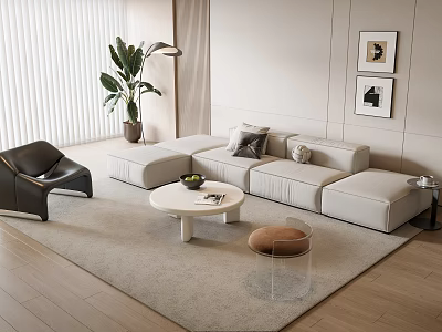 Modern Beige L Shaped Sofa Coffee Table Set with Area Rug and Wall Art 3d model