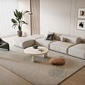 Modern Beige L Shaped Sofa Coffee Table Set with Area Rug and Wall Art