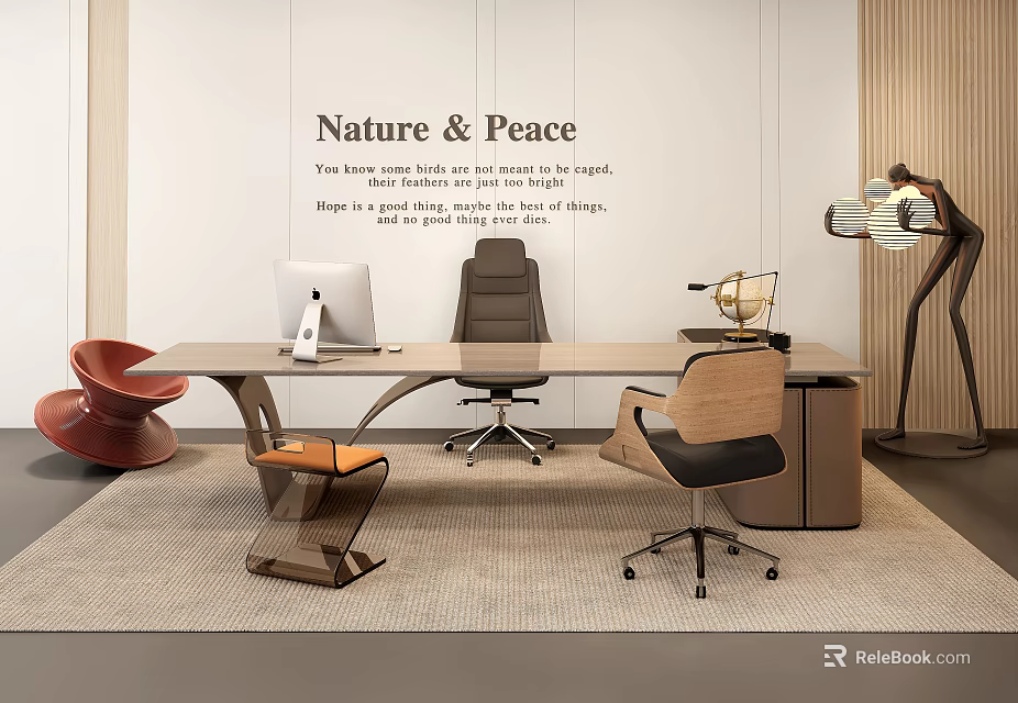 Nature Inspired Office Desk Setup With Computer Globe Ergonomic Chair And Peaceful Wall Decor 3d model 