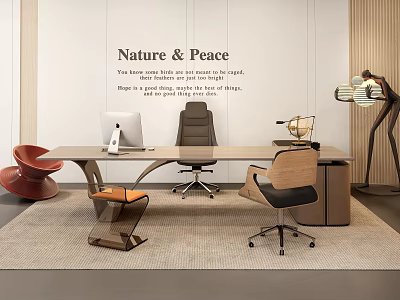 Nature Inspired Office Desk Setup With Computer Globe Ergonomic Chair And Peaceful Wall Decor 3d model