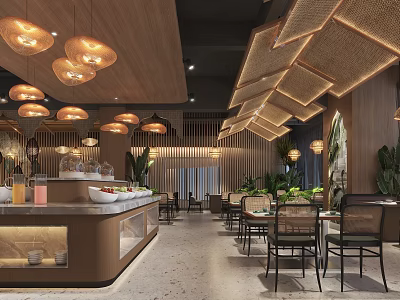 Modern Restaurant Interior With Woven Ceiling Decor Pendant Lights Dining Tables And Green Plants 3d model