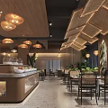 Modern Restaurant Interior With Woven Ceiling Decor Pendant Lights Dining Tables And Green Plants