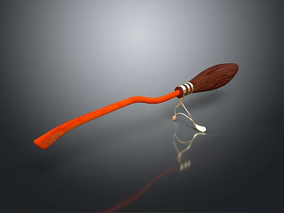 Household Broom With Orange Handle Brown Bristles And Metal Hook For Home Use 3d model