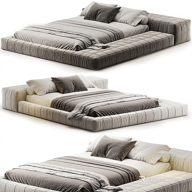 Modern Double Bed With Upholstered Frame And Striped Bedding In Neutral Tones 3d model 