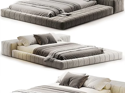Modern Double Bed With Upholstered Frame And Striped Bedding In Neutral Tones 3d model