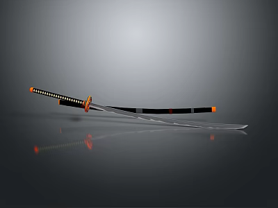 Traditional Japanese Katana With Black And Orange Handle And Long Sharp Blade On Smooth Surface 3d model
