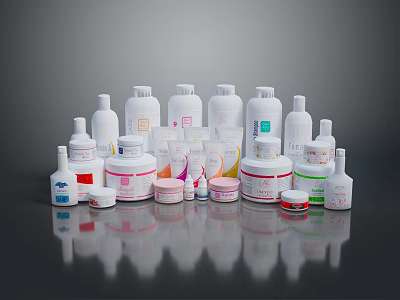 Assorted Personal Care Products With Various White Bottles Jars Different Sizes Shapes And Colored Labels 3d model