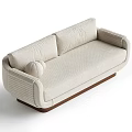 Modern Beige Two Seater Sofa With Fabric Upholstery Wooden Base And Round Pillows