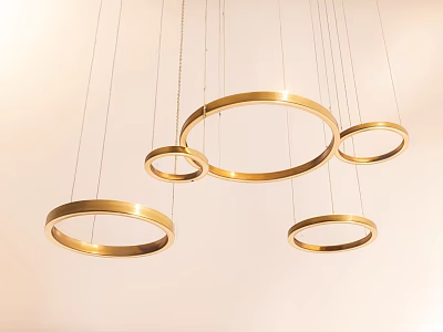 Golden Circular Chandelier with Multiple Hanging Rings in Modern Interior Space 3d model