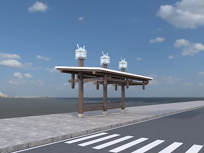 Seaside Station Featuring White Roof Shelter Bench Blue Sky White Clouds Sea Sidewalk Zebra Crossing 3d model