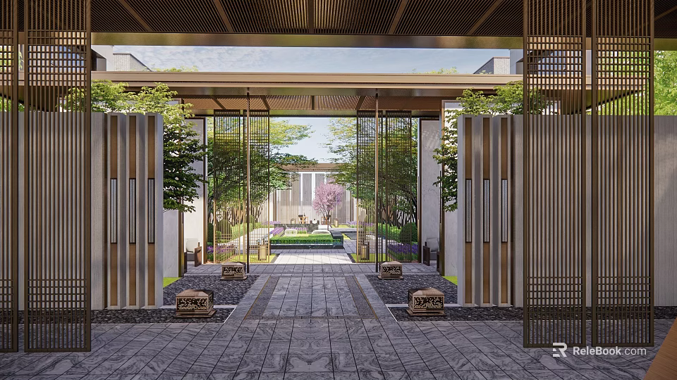 Modern Sales Office Entrance With Glass Doors Slatted Grilles Stone Path And Green Plants 3d model