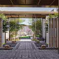 Modern Sales Office Entrance With Glass Doors Slatted Grilles Stone Path And Green Plants 3d model