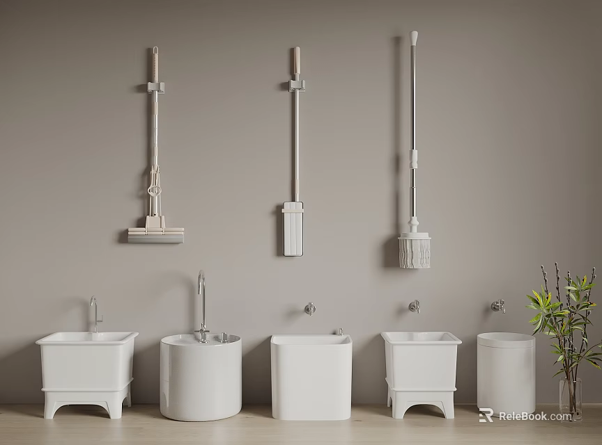Bathroom Scene With Wall Mounted Cleaning Tools Different Sinks And Plant 3d model 