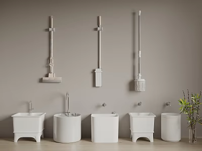 Bathroom Scene With Wall Mounted Cleaning Tools Different Sinks And Plant 3d model