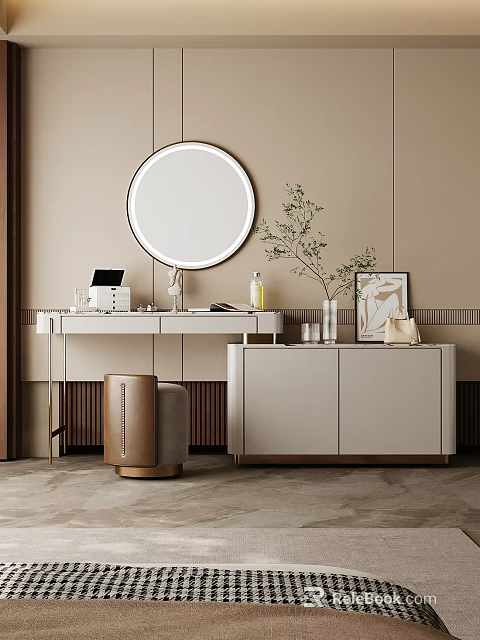 Modern Dressing Table Interior With Round Mirror Green Plant And Storage Cabinet 3d model 