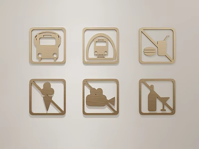 Wooden Square Frame Pendants Featuring Prohibited Icons Bus Subway Drink Ice Cream Movie Wine 3d model