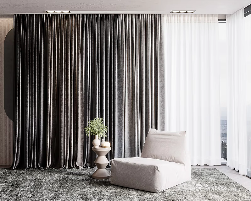 Dark And White Curtains In Modern Living Room With Armchair Green Plant And Window Light 3d model 