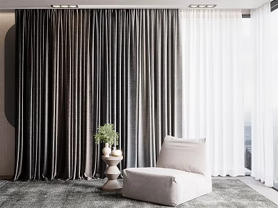 Dark And White Curtains In Modern Living Room With Armchair Green Plant And Window Light 3d model