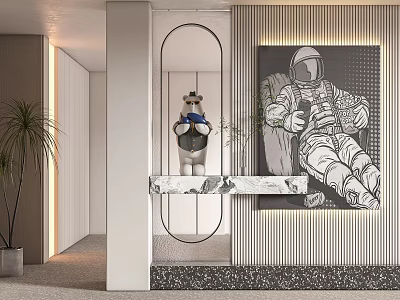 Modern Entryway Hallway Interior Design With Oval Mirror Astronaut Painting And Marble Shelf 3d model