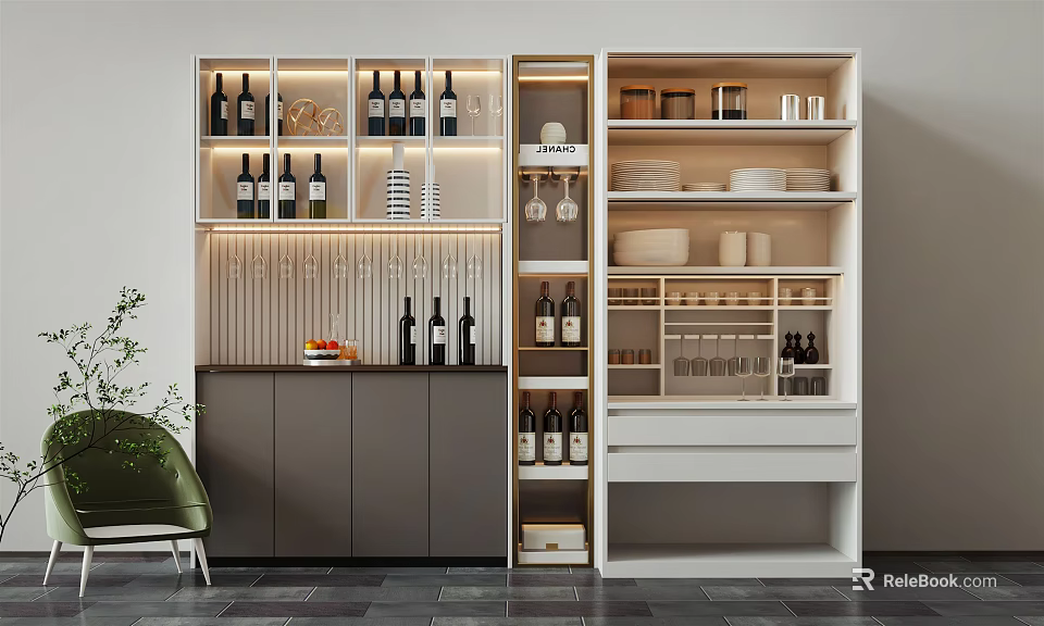 Contemporary Wine Cabinet Design With Glass Shelves LED Lighting And Wine Bottles 3d model 