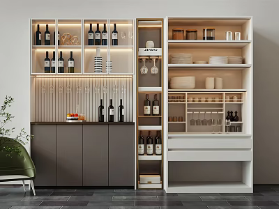 Contemporary Wine Cabinet Design With Glass Shelves LED Lighting And Wine Bottles 3d model