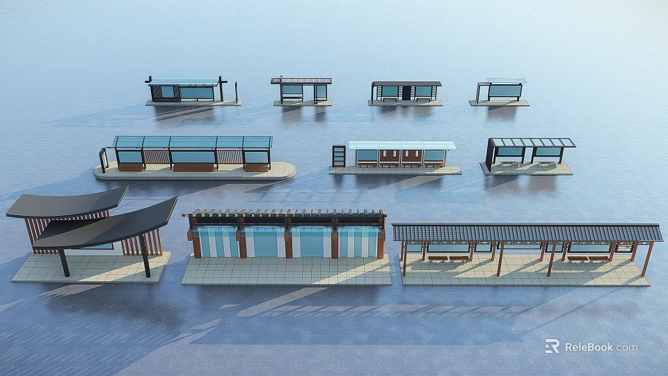 Various Bus Stop Shelter Designs With Modern And Traditional Architectural Structures 3d model 