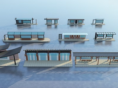 Various Bus Stop Shelter Designs With Modern And Traditional Architectural Structures 3d model